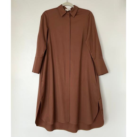 COS Wool Blend A-Line Shirt Dress Rust Brown High-Low Hem Long Sleeve Minimalist - Picture 2 of 16